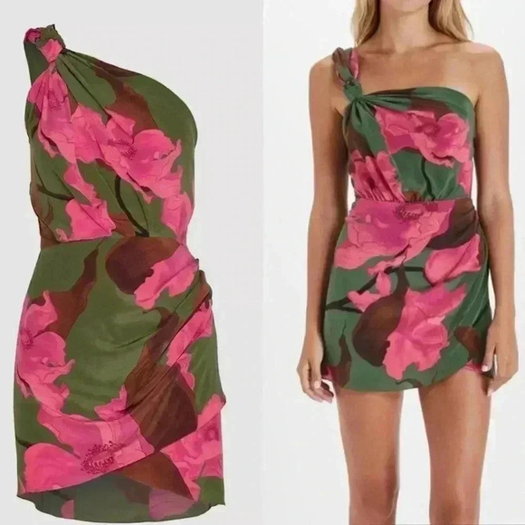 JOHANNA ORTIZ San Basilio One-Shoulder Silk Mini Dress 6 Multicolor Green Floral - Picture 2 of 10